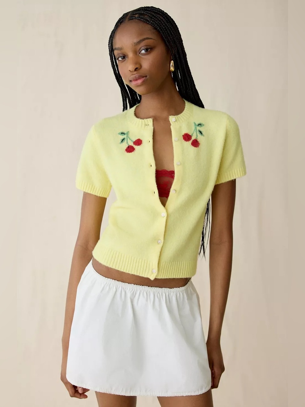 Urban Outfitters | Kimchi Blue Rachel Cherry Land Short Sleeve Cardigan Yellow